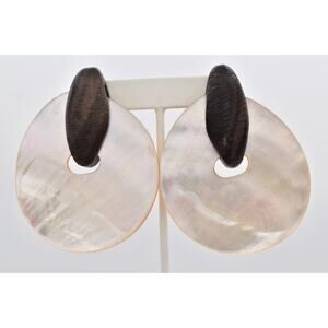 Monies Mother Of Pearl Wood Chunky Clip On Earrings Large Shell Signed BinBK